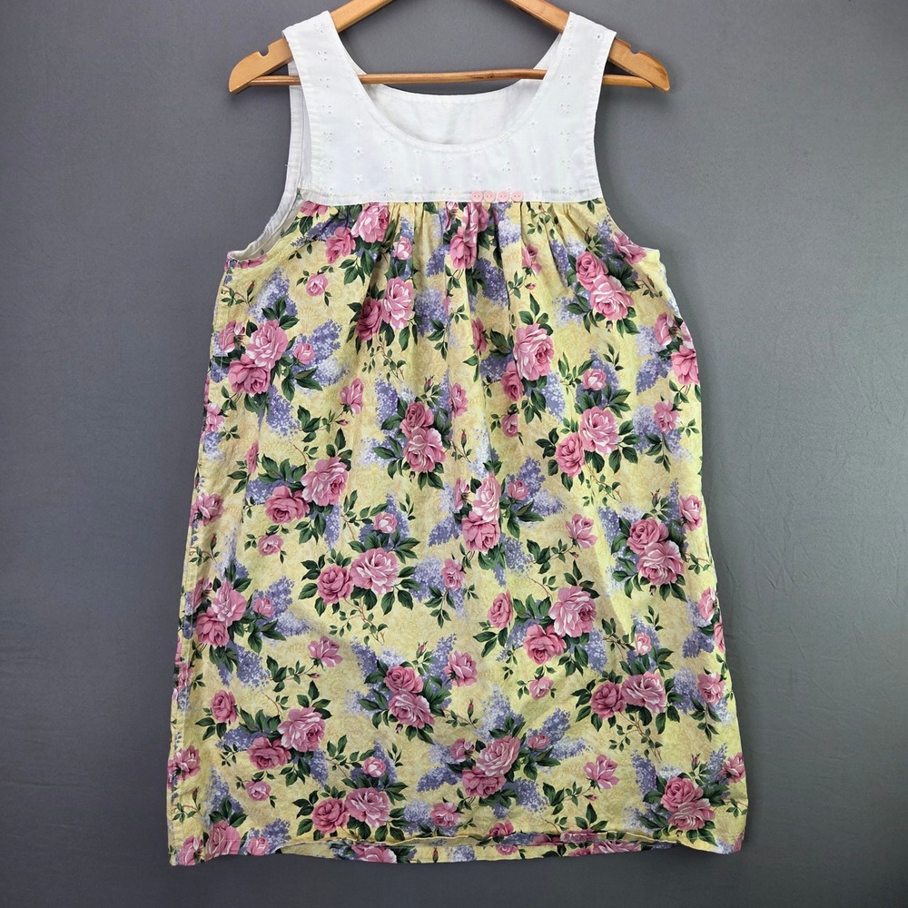 Vintage Floral Eyelet Lace Sleeveless Midi Dress Yellow Purple Rose Sz M L